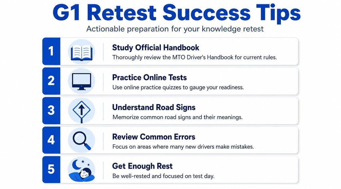 An infographic titled G1 Retest Success Tips with five numbered steps for passing a driver's knowledge test.