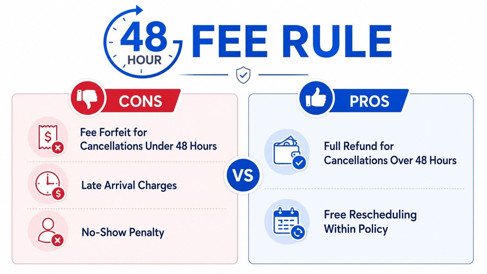 A visual guide explaining the 48 hour fee policy for appointment cancellations, including pros and cons.