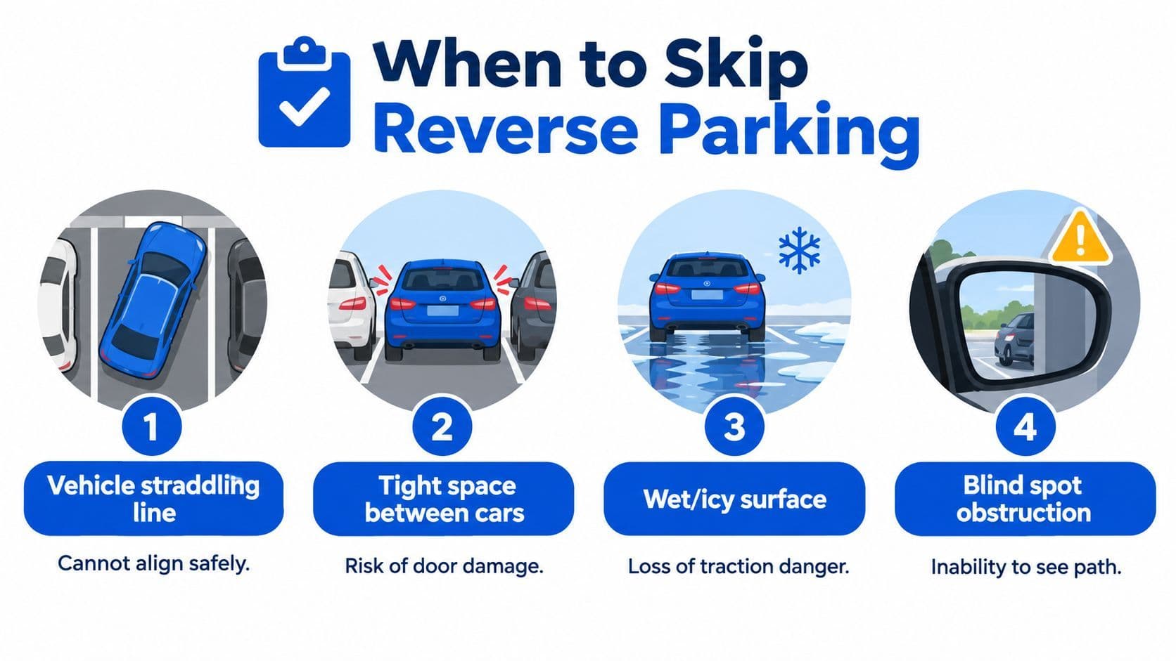 An infographic showing four scenarios where it is unsafe or difficult to perform reverse stall parking.
