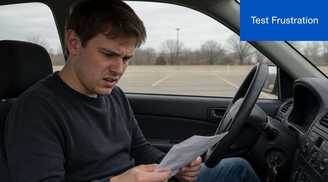 A frustrated young man sitting in a car holding a paper while looking disappointed and stressed.