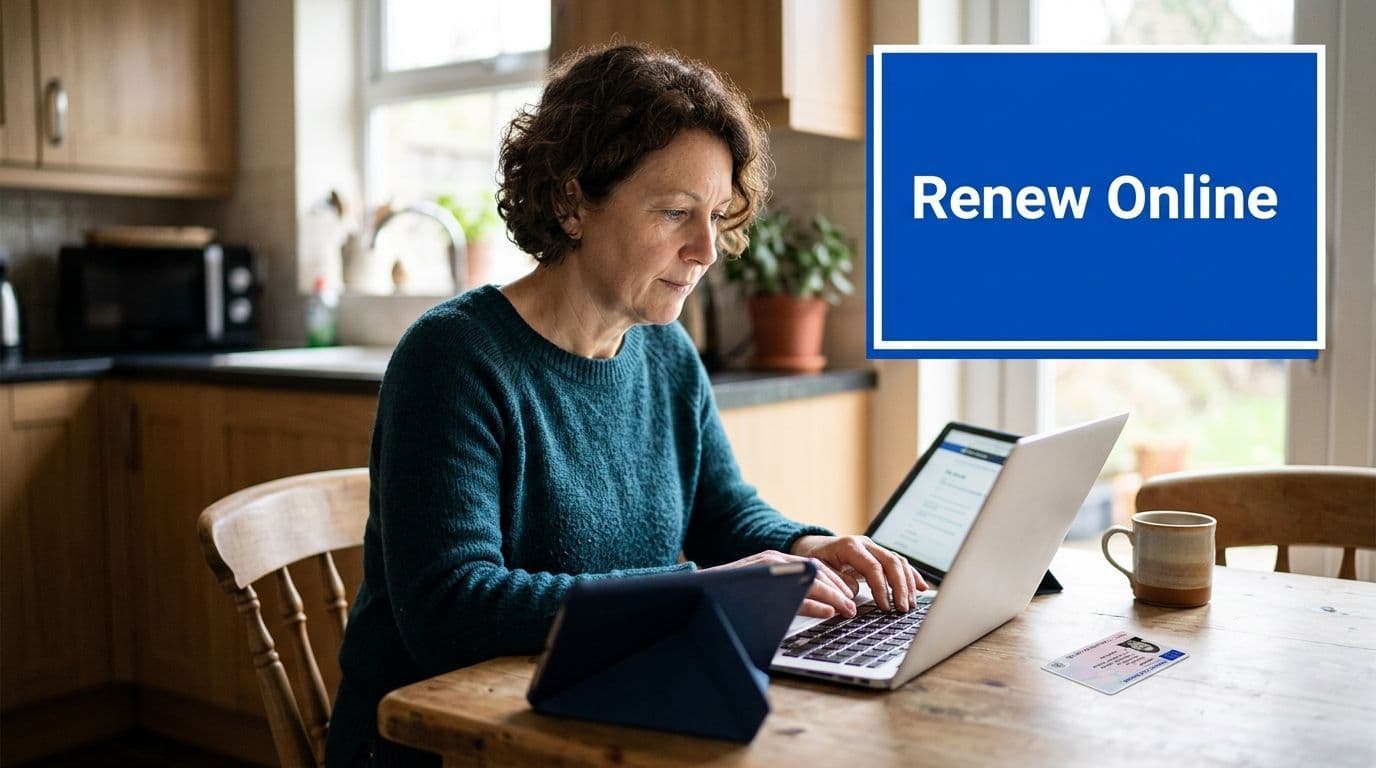 A woman sitting at a kitchen table using a laptop to renew her license online.