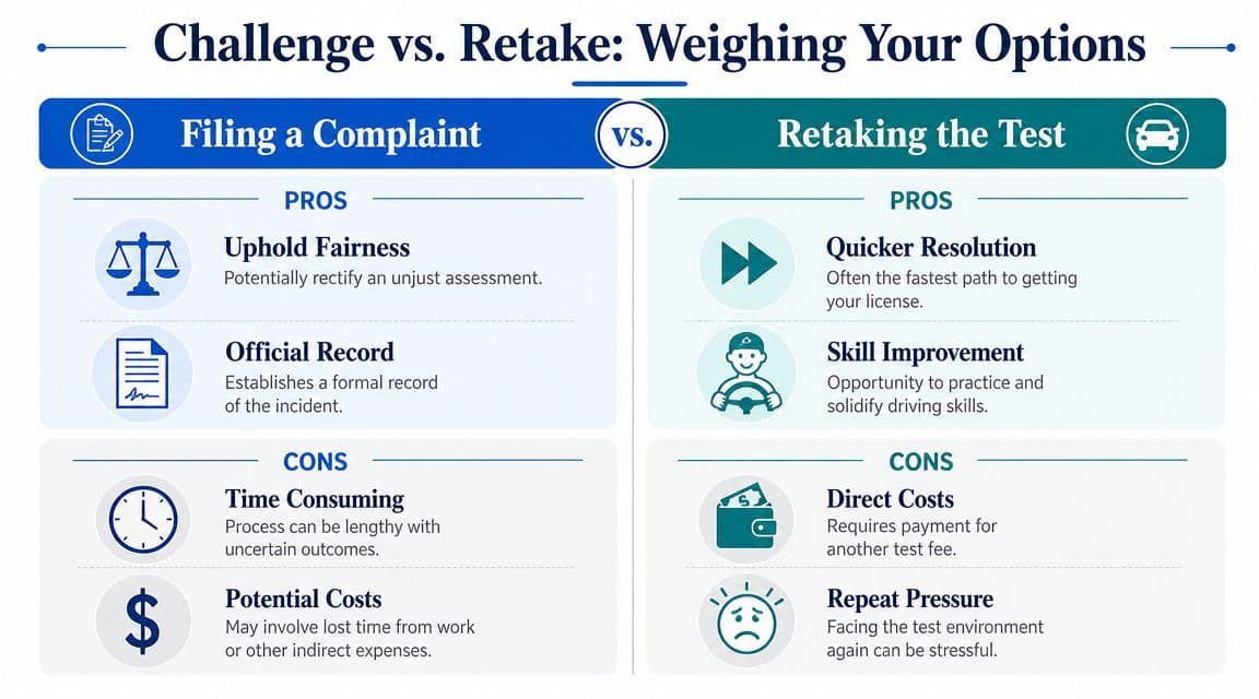 A comparison infographic detailing the pros and cons of filing a complaint versus retaking a driving test.