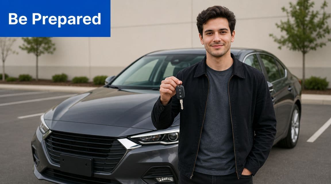 A young man smiling while holding car keys in front of a modern sedan in a parking lot.