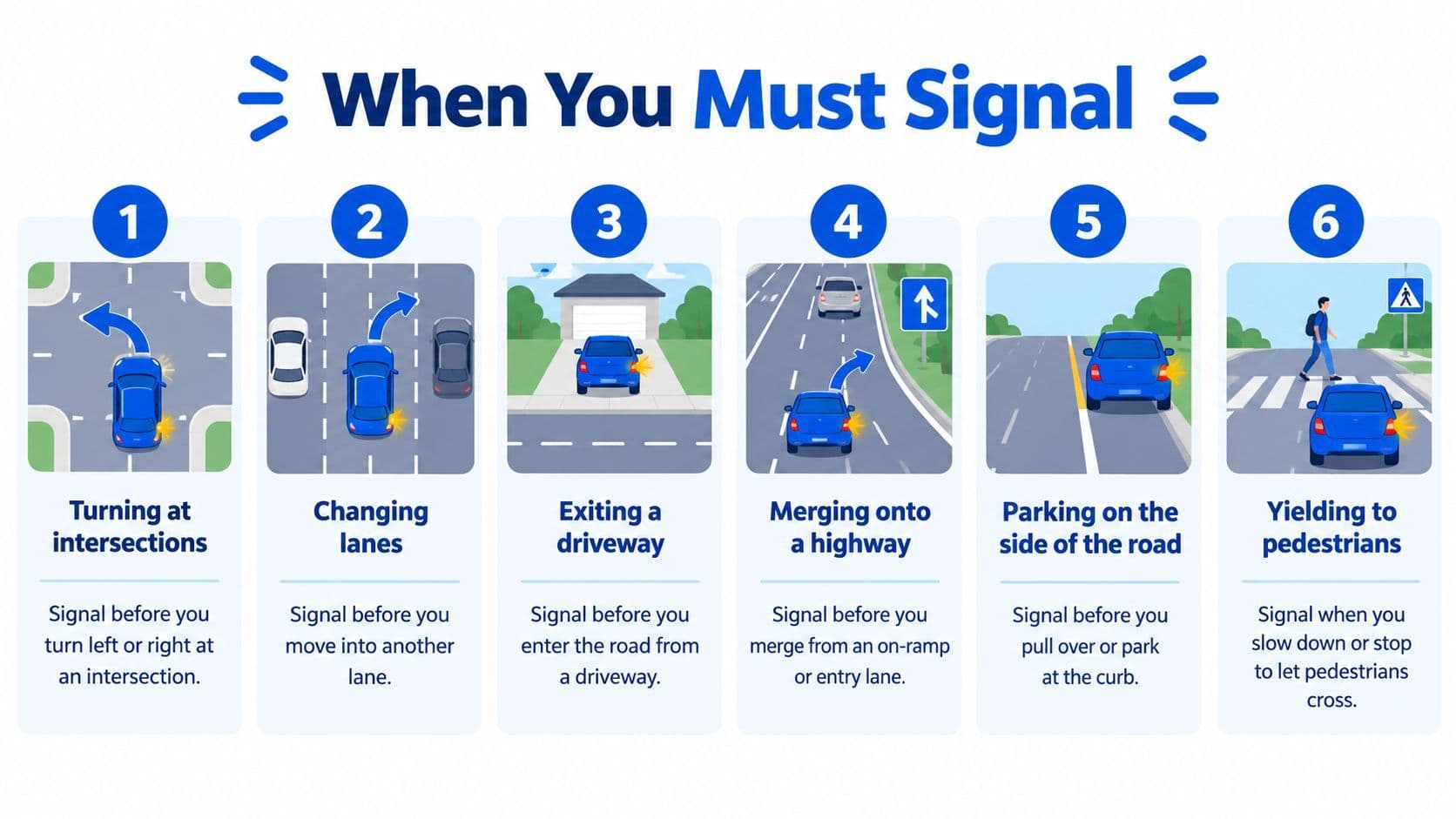 An infographic illustrating six common driving situations where a driver must use their vehicle turn signal lights.
