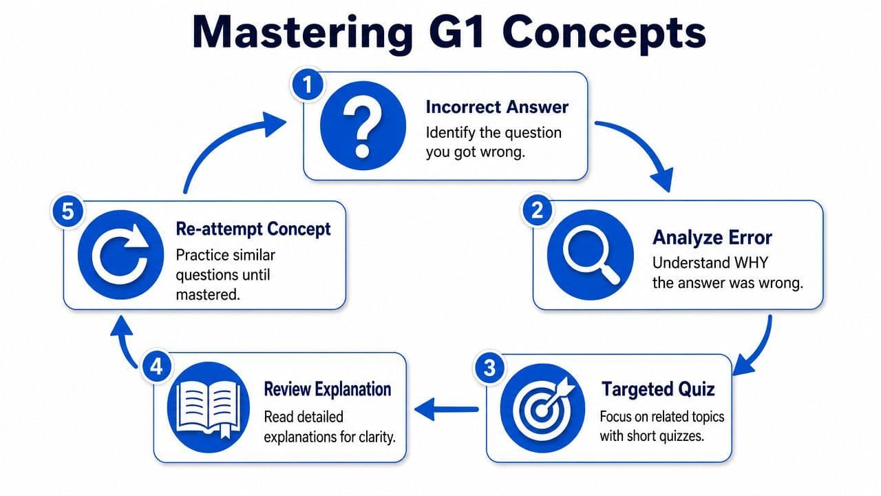 A five-step circular flow chart illustrating a learning cycle for mastering G1 test driving concepts.