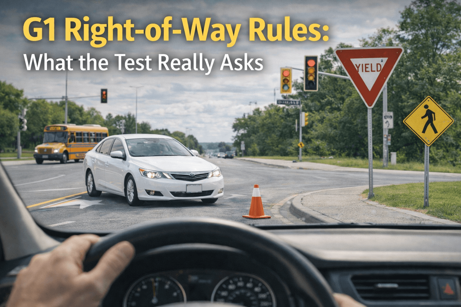 Ontario intersection showing yield sign and turning vehicles demonstrating G1 right of way rules