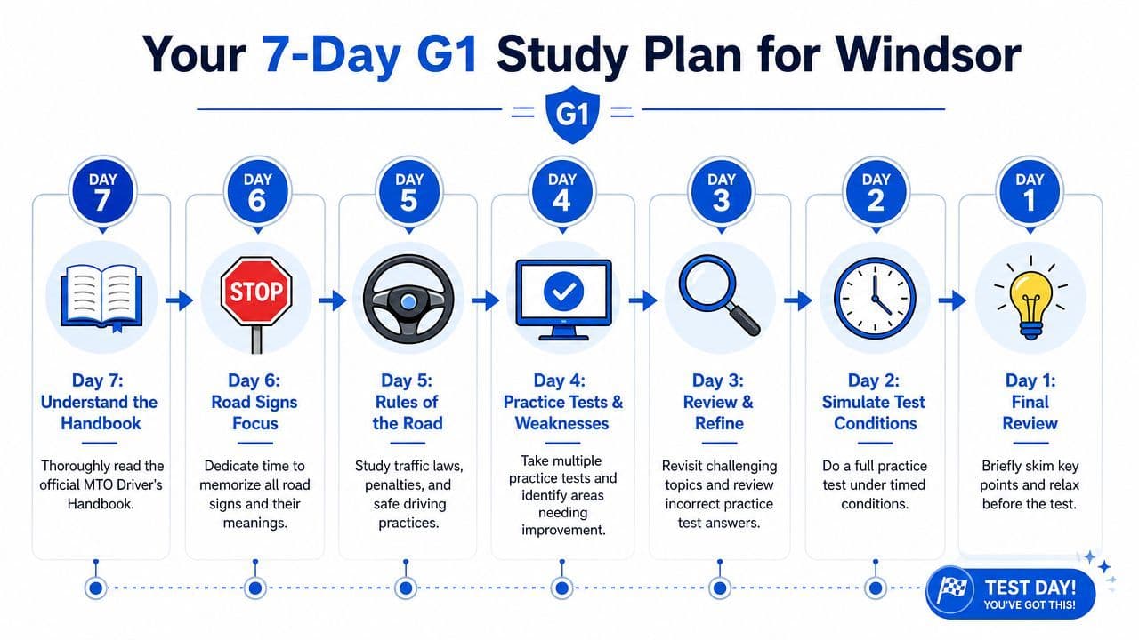 A 7-day study plan infographic for the G1 driver's license test in Windsor, Ontario.
