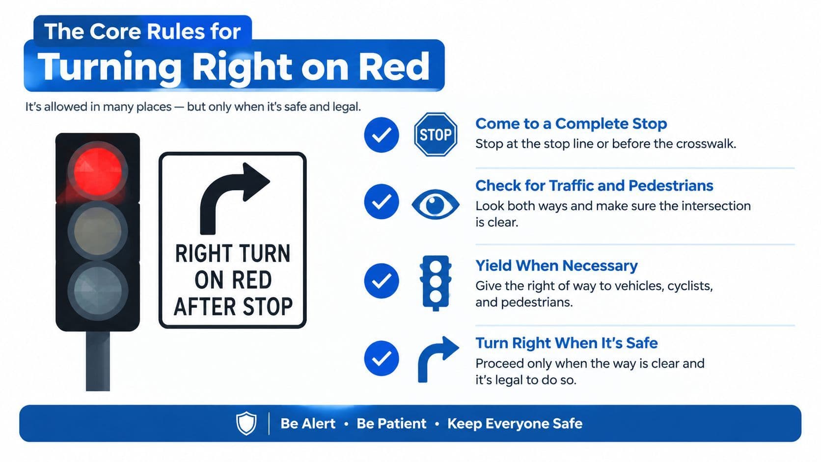 An infographic detailing the four essential steps for safely making a legal right turn on a red light.