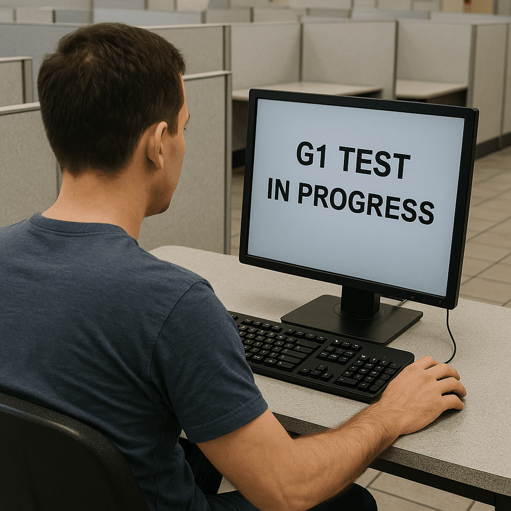 G1 test candidate at a driving test center cubicle, computer screen shows ‘G1 TEST IN PROGRESS’