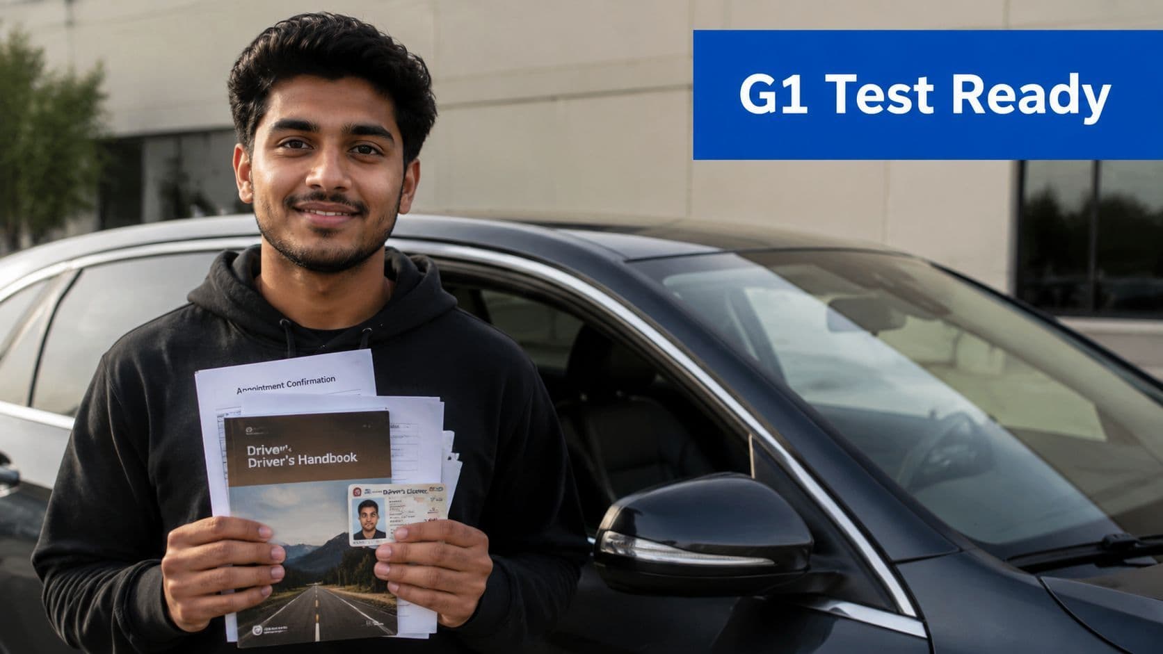 A young man standing in front of a car holding his driver's handbook and identification documents.