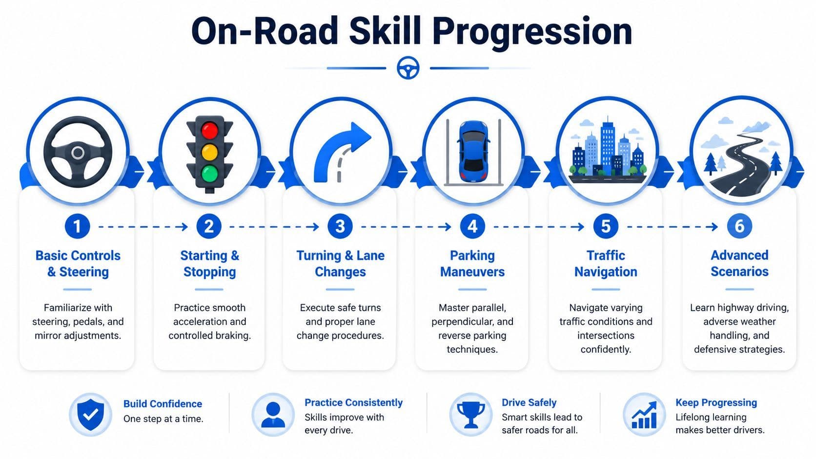 A six-step infographic illustrating the progression of essential on-road driving skills for new motorists.