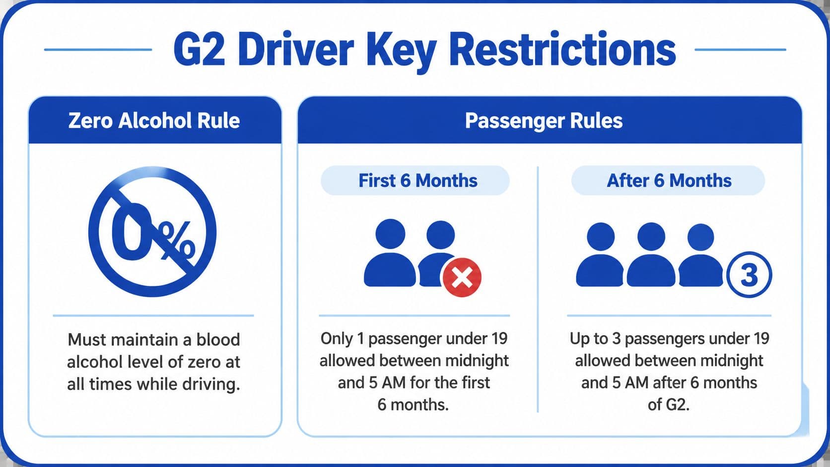 An infographic showing G2 driver restrictions including zero alcohol and specific passenger rules for new drivers.