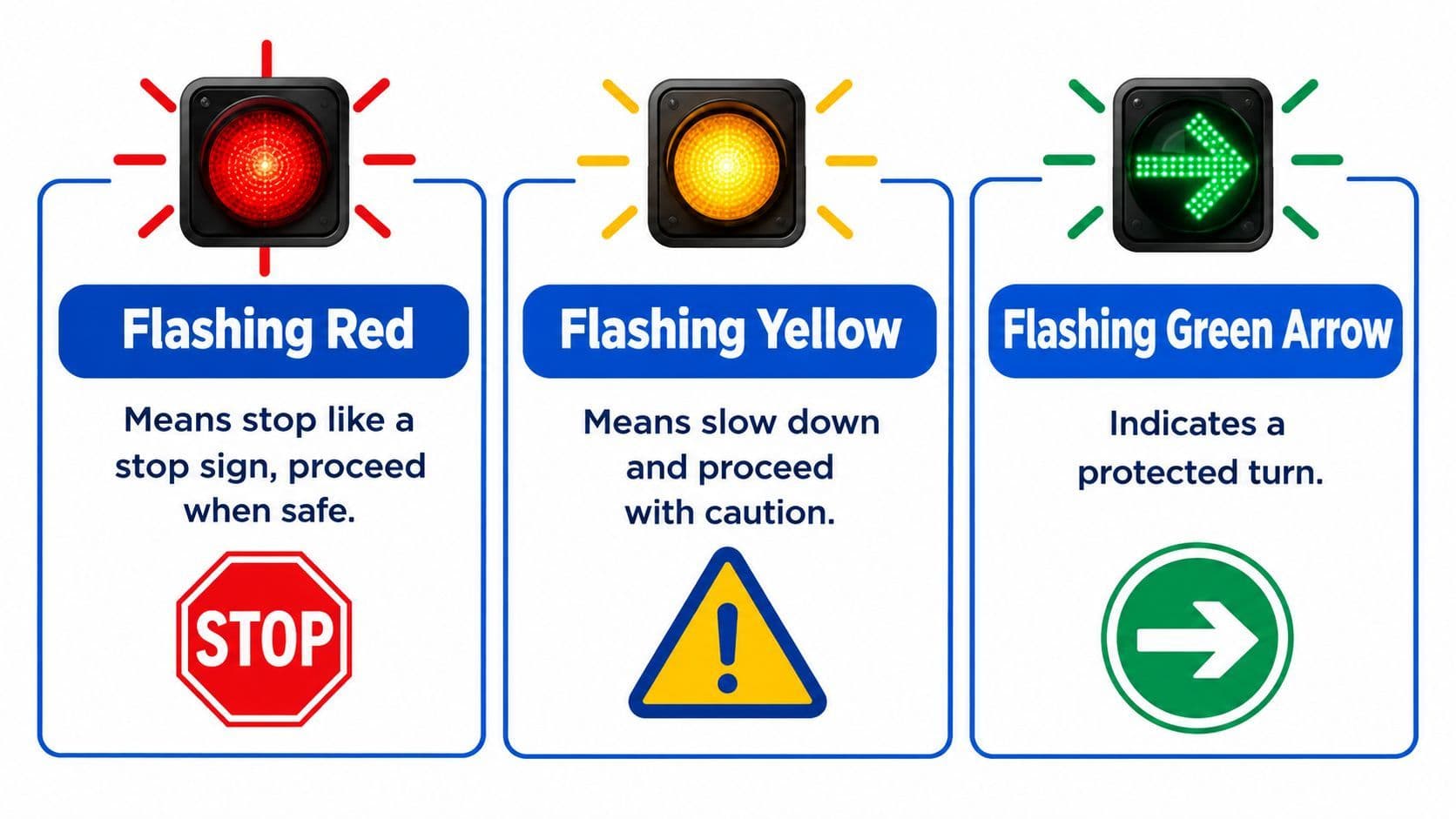 An infographic displaying flashing traffic signal meanings including flashing red, flashing yellow, and a flashing green arrow.