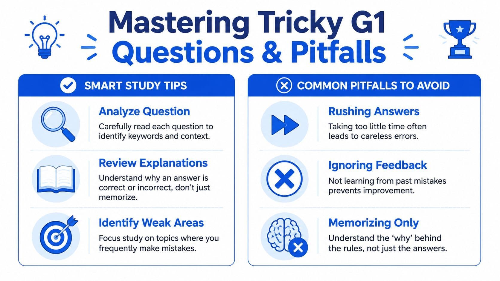 An infographic titled Mastering Tricky G1 Questions and Pitfalls with smart study tips and common mistakes.