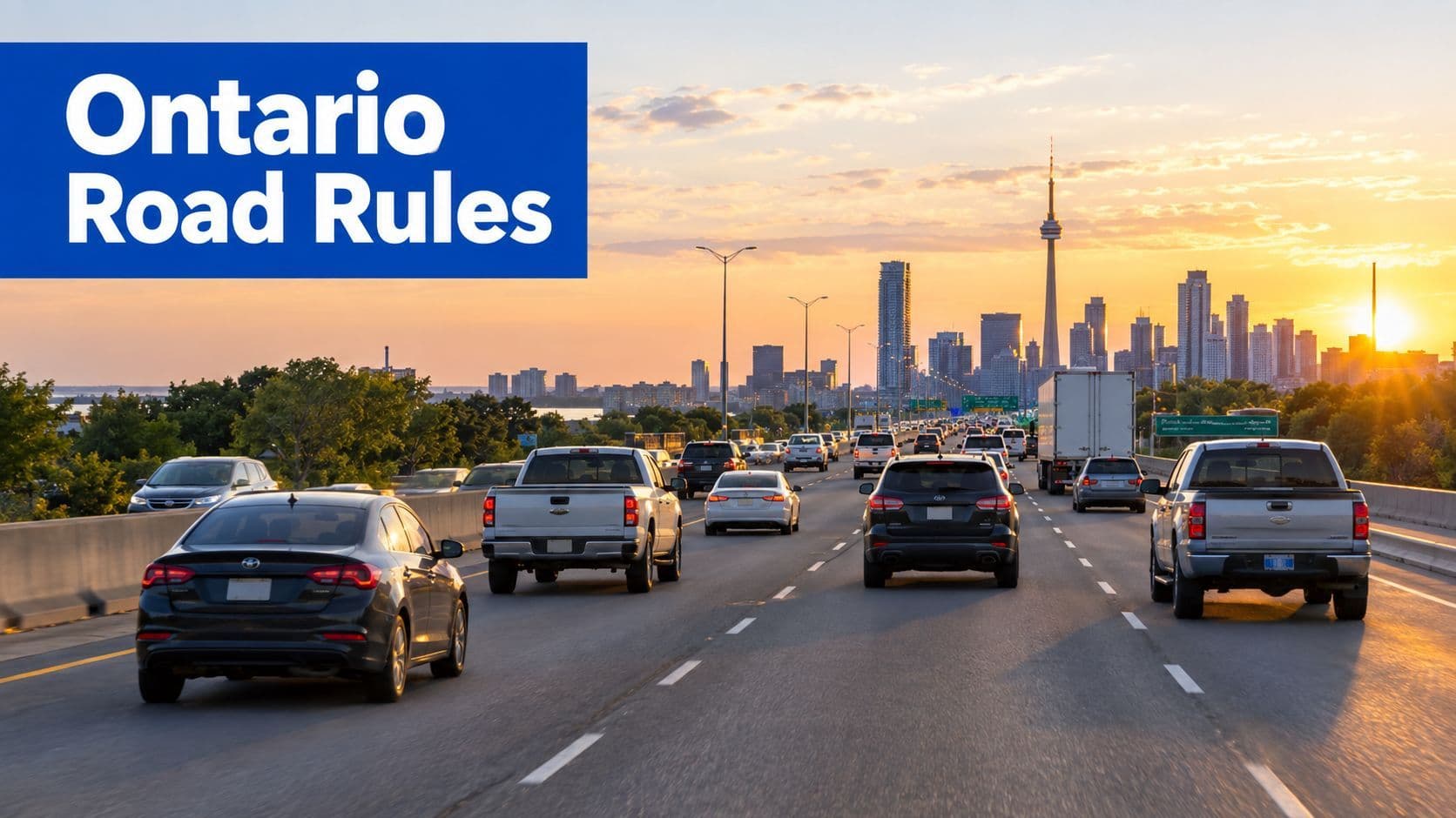A scenic view of highway traffic in Ontario with the Toronto skyline in the sunset background.