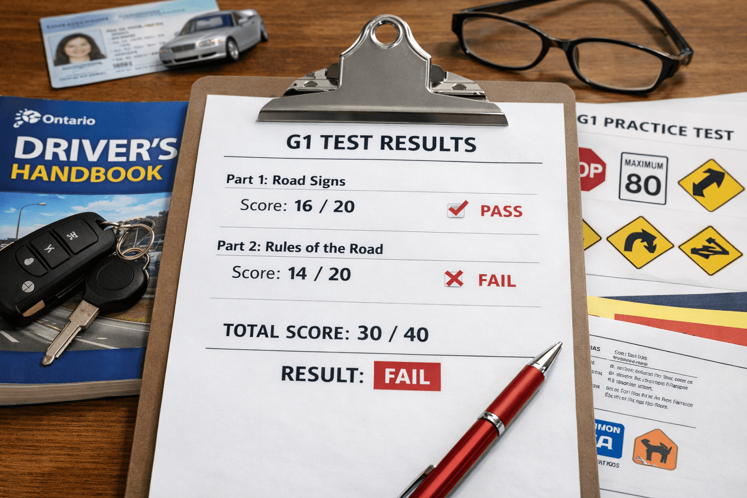 Ontario G1 test passing score results on clipboard with driver’s handbook and practice test materials