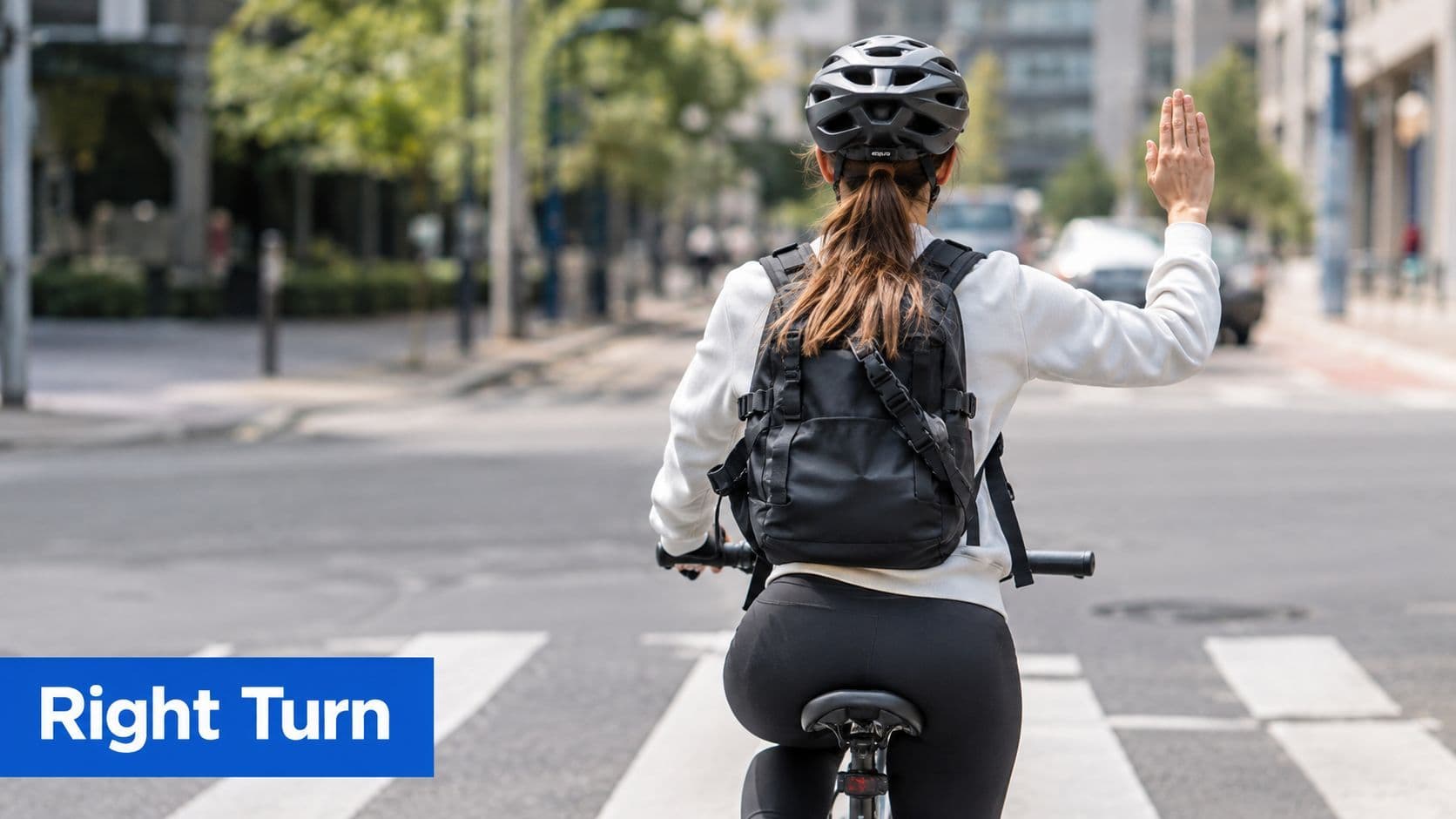 A cyclist on a road demonstrates the correct hand signal for turning right by extending their right arm.