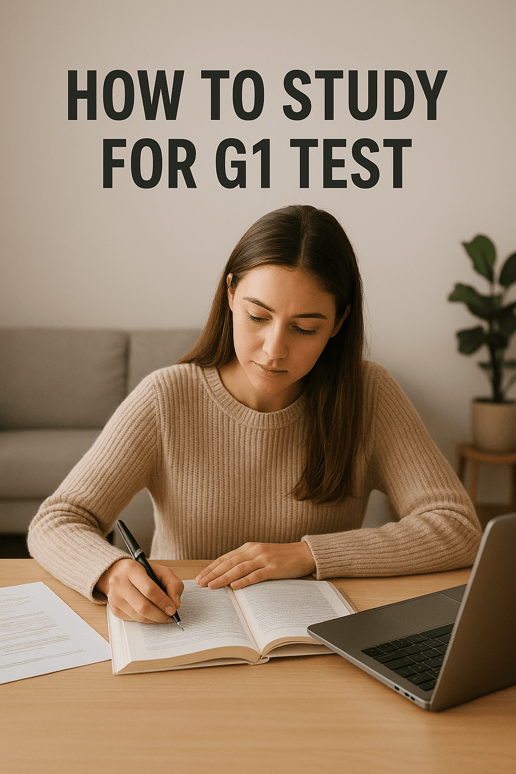 Student studying for the G1 test at a desk with a notebook and laptop.