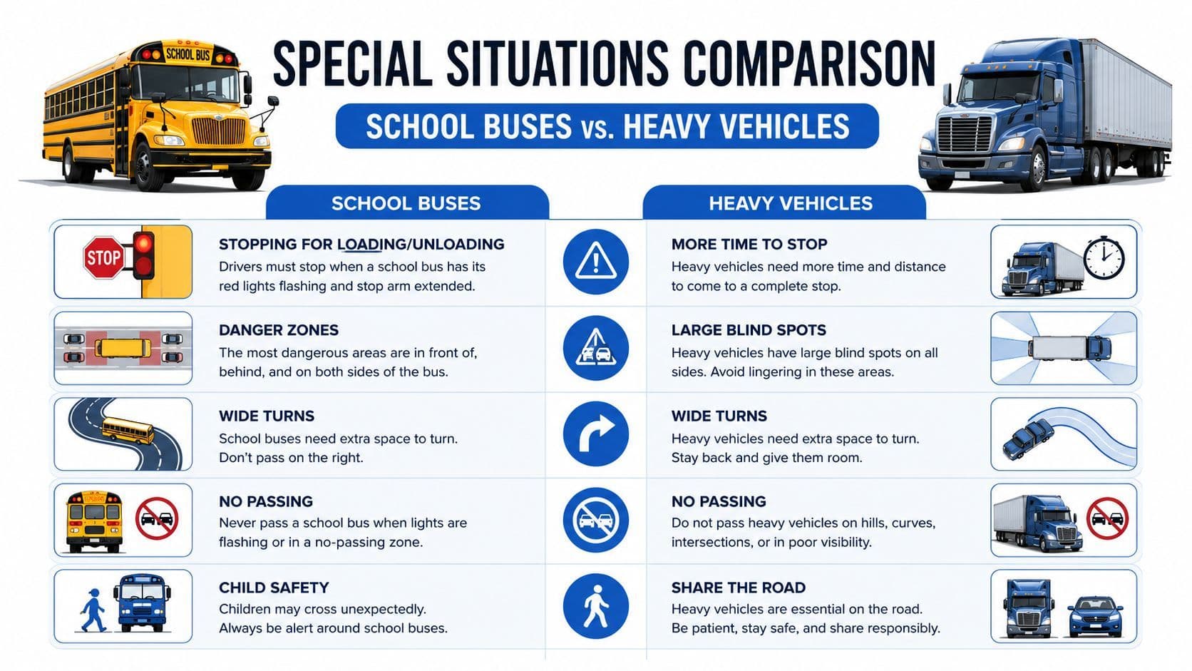 A comparison chart showing traffic safety rules for school buses and heavy vehicles on the road.