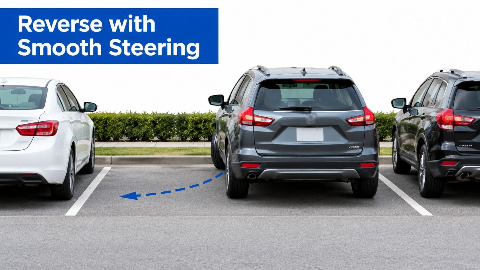 A gray SUV performing a reverse stall parking maneuver into a space between two other parked cars.