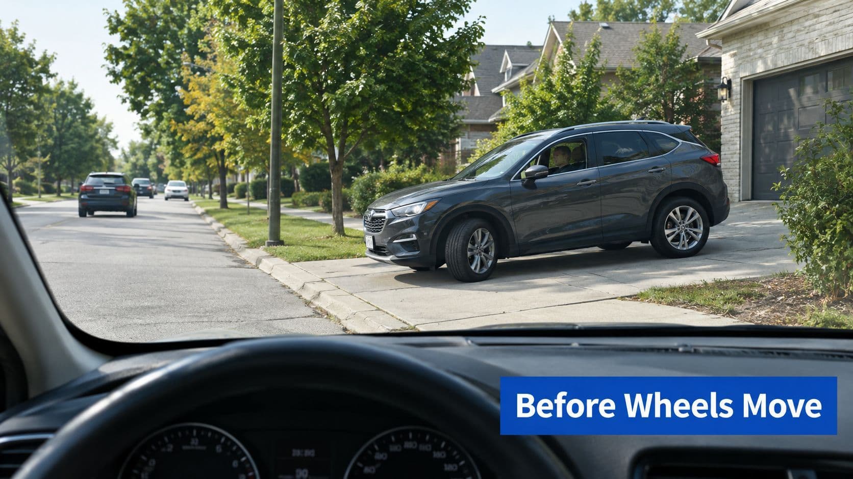 A view from inside a car looking at a dark grey SUV exiting a suburban driveway.