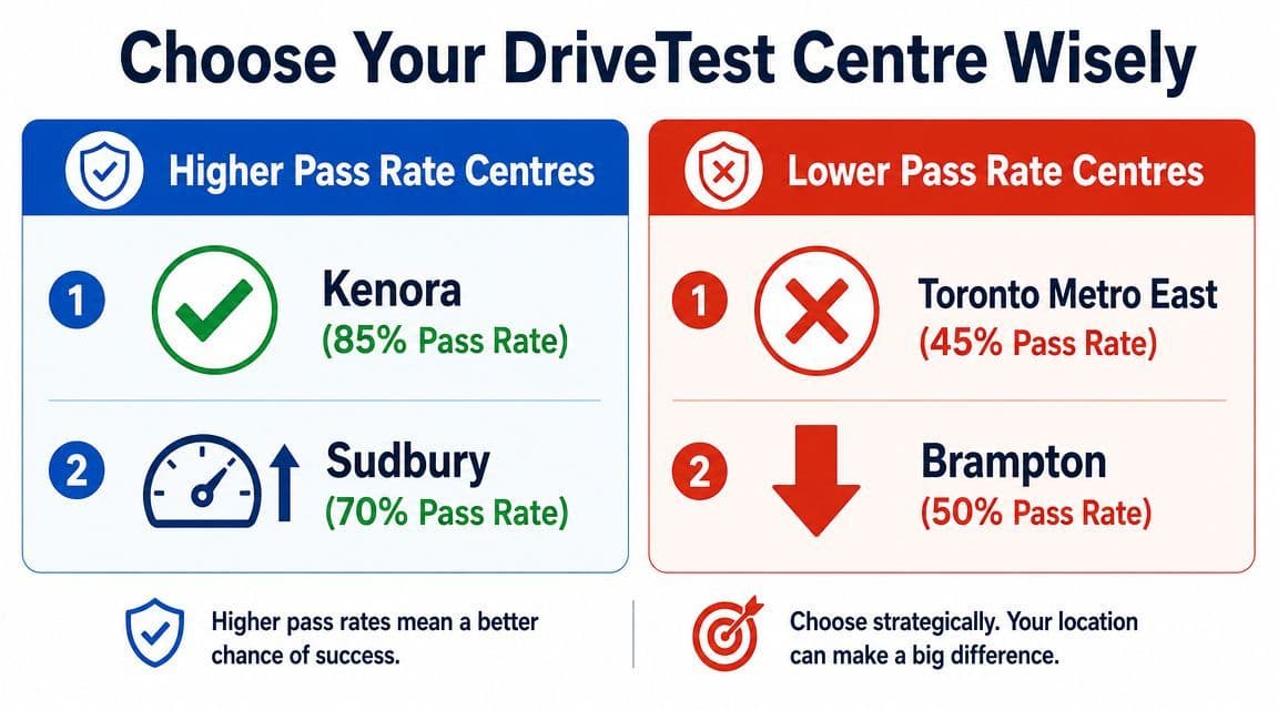A comparison chart showing Ontario DriveTest centres with higher and lower pass rates for road tests.
